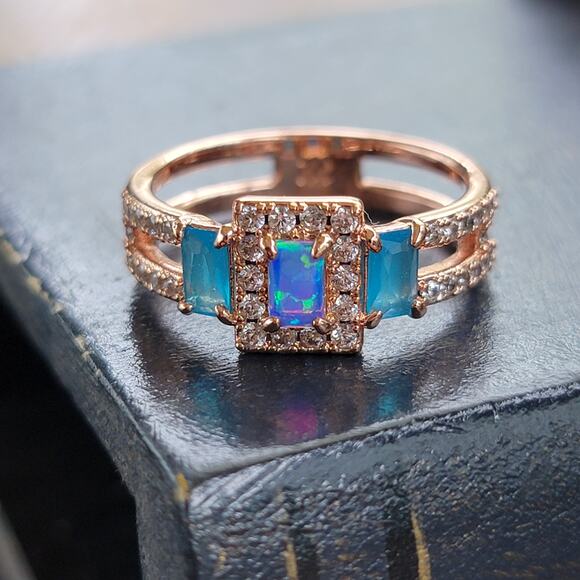 Rose Gold Plated Ring with Simulated Opal and Blue Stones - Size 9 - Picture 3 of 11